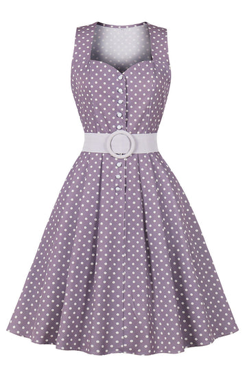 Vestido de Polka Dots 1950 roxo com cinto